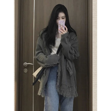 QWEEK Vintage Sweater Harajuku Fashion Women's Jumper Oversize Cardigans Korean Streetwear New Knitted Grey Sweaters Autumn Chic